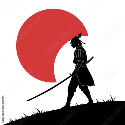 Determined samurai warrior with katana walks across grassy terrain against a striking red sun setting silhouette