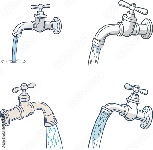 Cartoon Water Faucet Collection Varied Water Flow and Style Depicting Water Conservation or Plumbing Visuals for Educational Purposes
