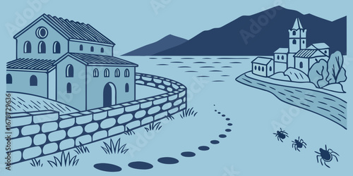Charming European village scene with ancient architecture and a winding river path leading towards distant mountains