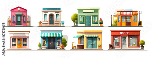 Various cartoon storefronts stand in a row, each with unique colors and details, creating a charming and whimsical street scene.