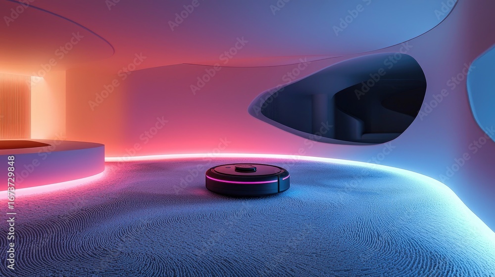 Fototapeta premium Robotic vacuum cleaner in a futuristic, brightly lit interior space.