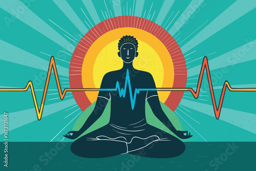 Serene individual in deep meditation, radiating a vibrant, pulsating aura of enlightenment, subtle heartbeat visualization enhancing the calm.