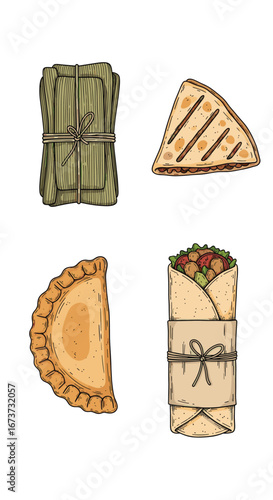 Diverse latin american street food delicacies featuring tamales empanadas quesadillas and burritos