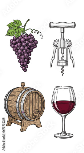 A detailed collection of iconic wine elements showcasing grapes a barrel a corkscrew and a glass of wine