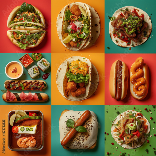 Street Food Dishes – Photorealistic 3x3 Grid Collection