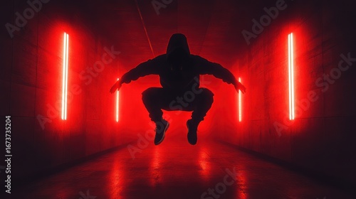 Silhouette of person jumping in a dark tunnel lit by red neon lights.