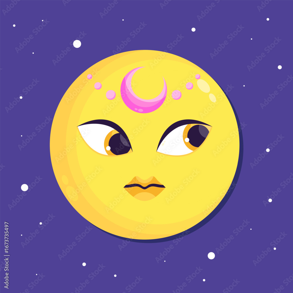 Fototapeta premium Flat moon character with a crescent diadem. Cartoon moon. Vector illustration
