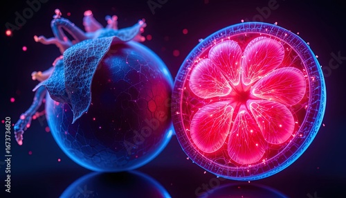 A vibrant, glowing, stylized depiction of a spherical fruit slice, showcasing intricate internal structures and illuminated by a vibrant, cool-toned palette.