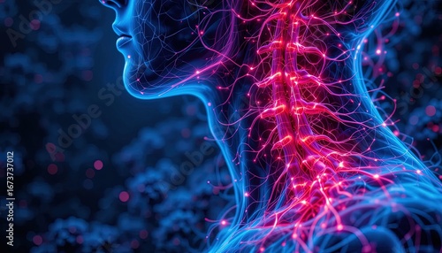 A detailed illustration of the human nervous system, focusing on the head and neck region, showcasing intricate neural pathways and vibrant color accents.
