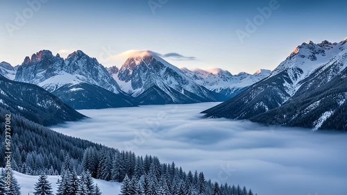 Wallpaper Mural Scenic Mountain Landscape with Snow Covered Peaks and Valley Filled with Fog Under Blue Sky in Winter Torontodigital.ca