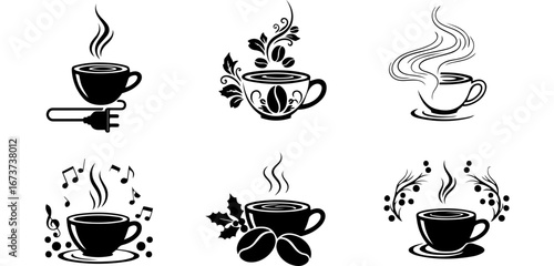Vector art of six black and white coffee cup icons with steam