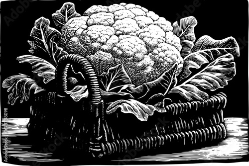 basket holding cauliflower decorated with leafy greens, organic healthy arrangement, elegant natural still life, black and white sketch