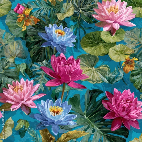 Tropical lotus flower pattern. Vibrant blooms in pinks, blues, and pastels, set against a turquoise background with lush tropical leaves