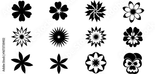 Vector art of twelve black and white flower icons
