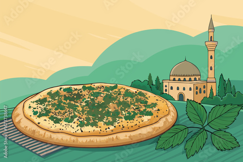 Realistic manakeesh flatbread with za'atar, cheese, and vegetables on a rustic poster background, vibrant colors, appetizing food photography.
