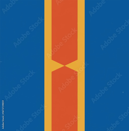 Bold geometric abstract design featuring a vibrant orange vertical stripe bordered by thin gold lines against a deep blue background creating a striking modern visual