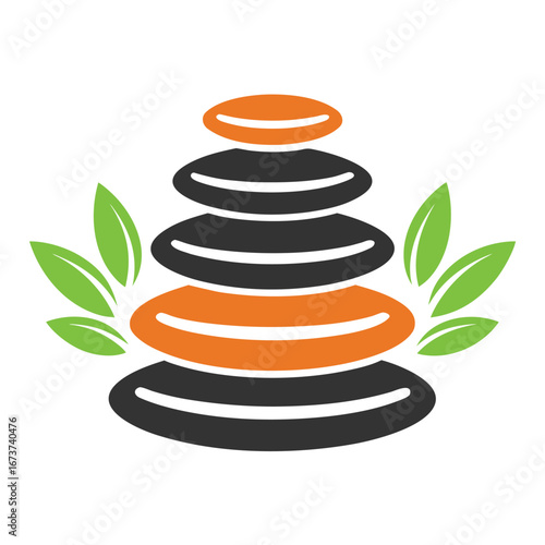 Stacked stones with green leaves balanced on white background meditation