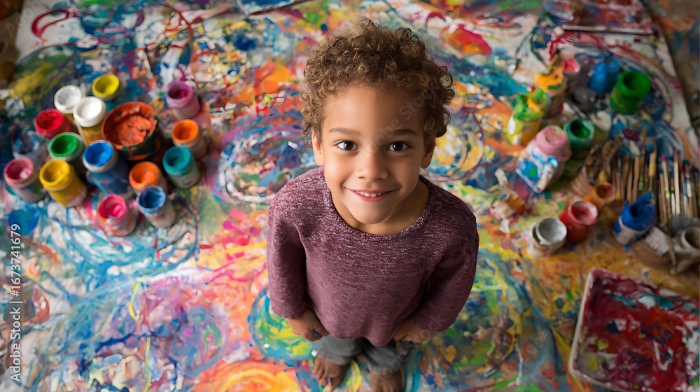 Naklejka premium A joyful young boy with curly hair smiles brightly, surrounded by vibrant paint colors on a colorful canvas.