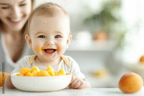 A joyful baby smiles while enjoying a bowl of fruit, with a parent in the background, capturing a delightful moment of early childhood.