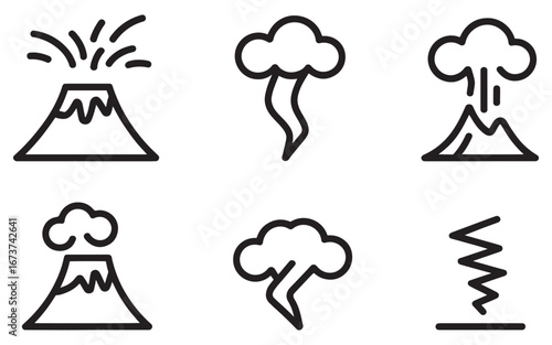 Collection of Environmental Disaster Icons Line Art Depicting Volcano Eruptions Tornado Cloudburst and Earthquake Waves for Weather Climate and Disaster Awareness