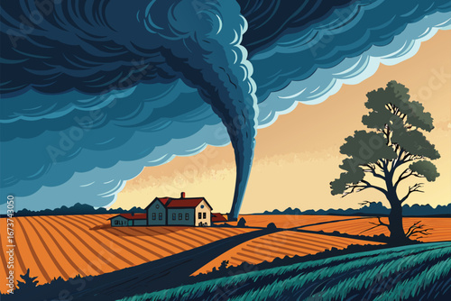 Poster background, dramatic tornado funnel destructive power, dark swirling clouds, chaotic city skyline, devastation, debris.