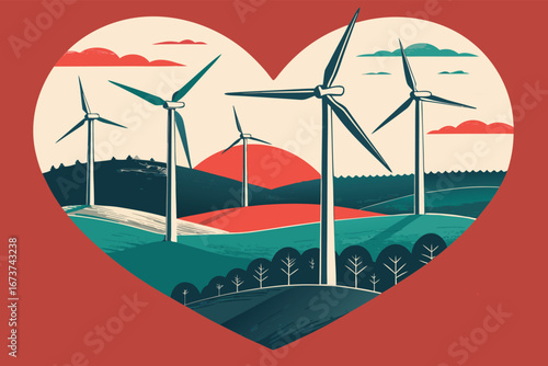 Poster background with dynamic wind turbine blades forming abstract, swirling patterns, clean energy, power generation, sustainable future.