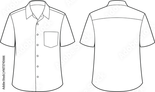 Short sleeve shirt technical sketch, front and back view, flat vector illustration, cad drawing, fashion template, garment design, apparel construction