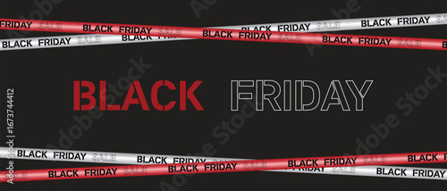 Black Friday sale banner with red and black crossed ribbons and tapes on a red background. Sale, Offer, Graphic elements. Vector illustration