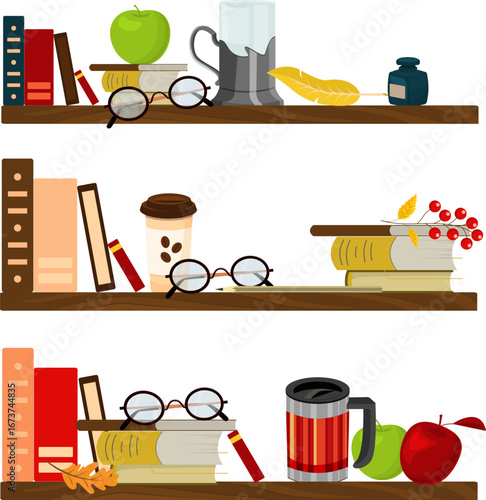 three shelves with books and various attributes for a student, a writer, and an isolated