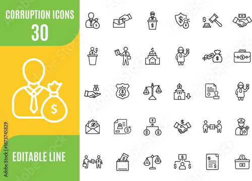 Corruption line editable icon set. Editable stroke. 
