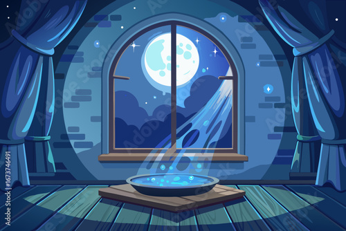 vector of Moonlight pouring through a small window and a soft glow shining on the wooden table