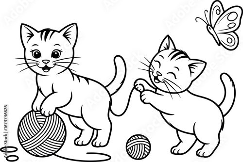 Playful Kittens with Yarn and Butterfly: Adorable Cartoon Line Art Illustration