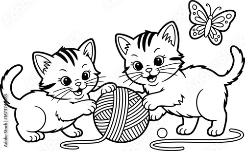 Adorable Kittens Playing with Yarn Ball and Butterfly: Childlike Line Art Illustration