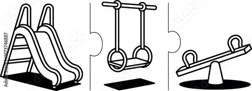 Simple Line Art: Playground Slide, Swings, and Seesaw Illustration