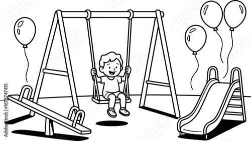 Happy child playing on swing set with balloons, seesaw, slide.