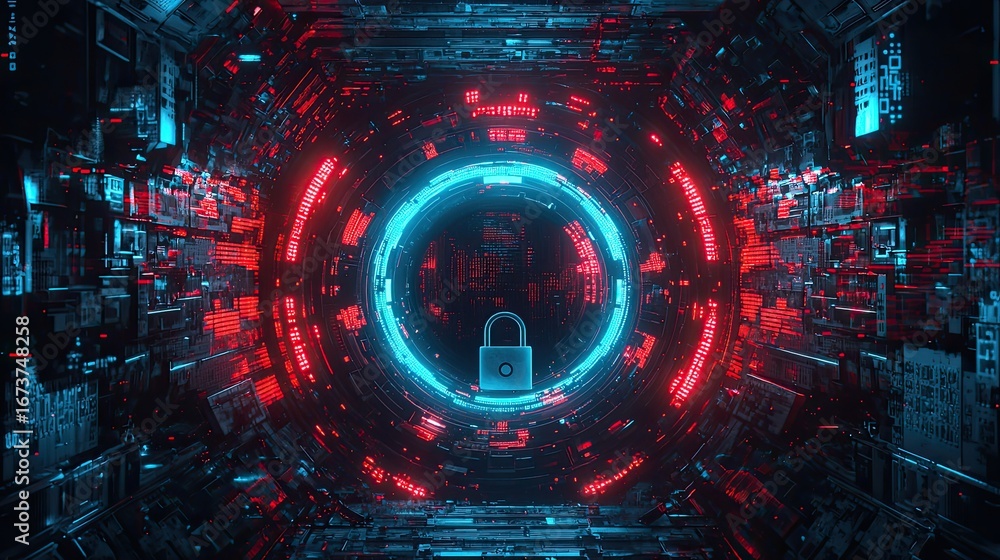 Fototapeta premium Digital lock symbol within a glowing circuit board tunnel.