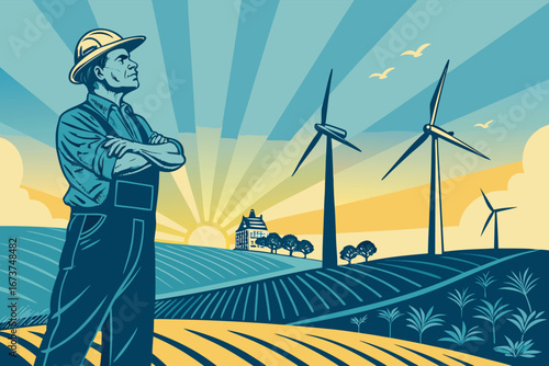 Farmer surveying lush field amid towering wind turbines, suggesting sustainable agriculture, energy, rural life.