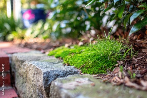Wallpaper Mural Moss growing between weathered stones at the edge of a brick walkway Torontodigital.ca