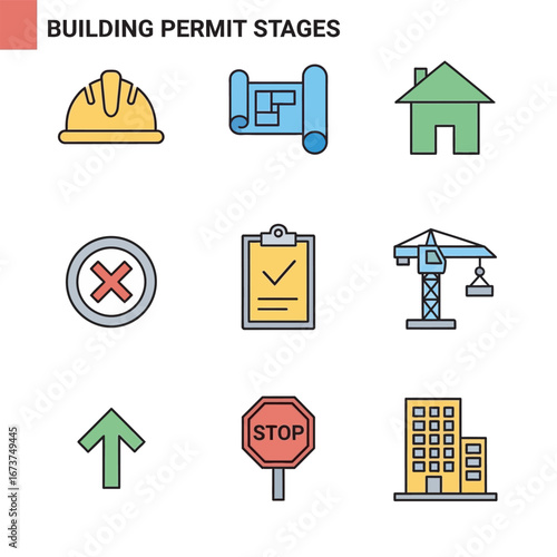 Building icons depict construction stages process progression