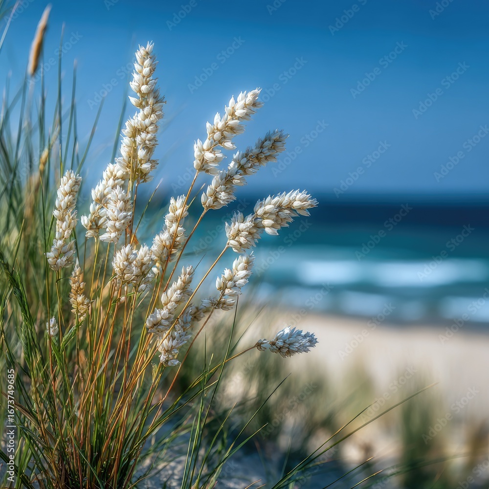 Fototapeta premium Beach scene with coastal plants in focus