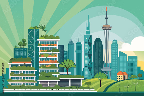 Poster of a visionary eco-city, blending advanced technology, vertical farms, and lush rooftop gardens, showcasing sustainable urban living.