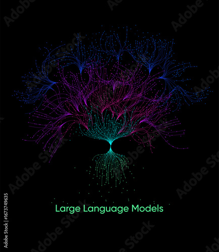 Illustration of abstract stream. Artificial intelligence. Big data, technology, AI, data transfer, data flow, large language model, LLM, generative AI	