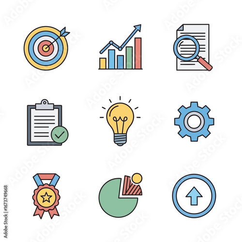 Business icons represent management tasks strategy planning growth workflow