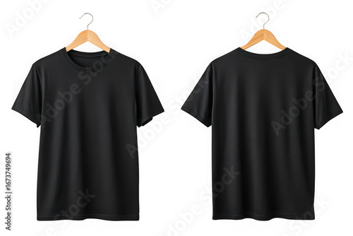 Two plain black t shirts displayed front and back on wooden hangers isolated on transparent background