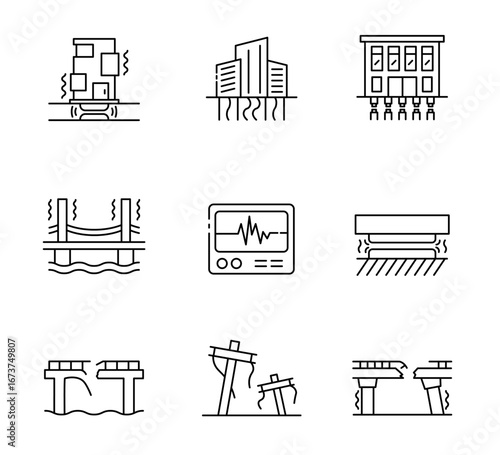 Set of Earthquake-resistant buildings icon, Structure Resonance, Earthquake damage Symbol Outline icon Editable Stroke