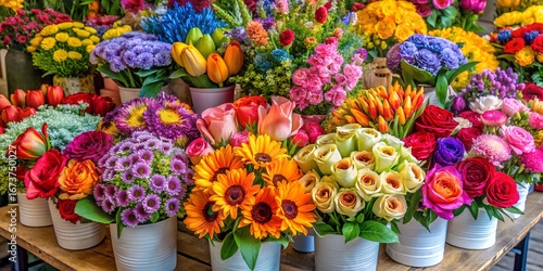Vibrant assortment of colorful fresh flowers in white buckets displayed outdoors