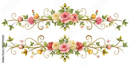 Fototapeta Naklejka Na Ścianę i Meble -  Elegant floral decorative element featuring delicate roses and swirling greenery