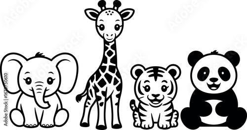 Adorable cartoon safari animals: elephant, giraffe, tiger, panda.