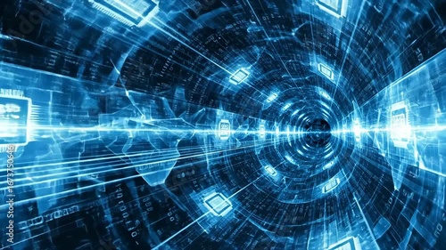 Digital Data Stream Tunnel - Abstract digital tunnel with glowing blue light streams and binary code, representing the flow of network data.