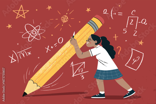 Vibrant poster young girl student deeply focused, writing complex math equations on a chalkboard using a colossal pencil.